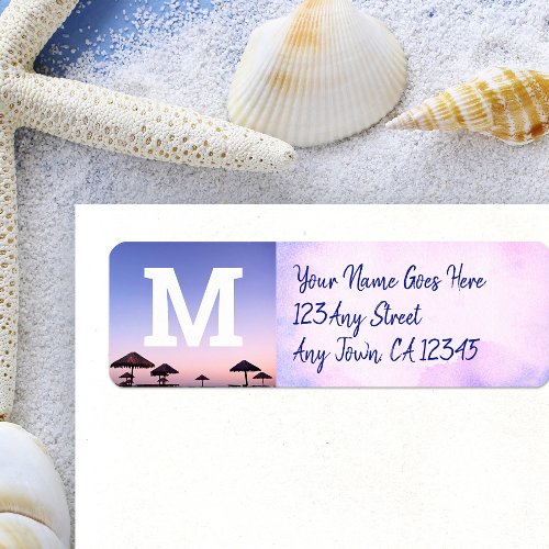 Purple beach sunset photo modern monogram addresss label