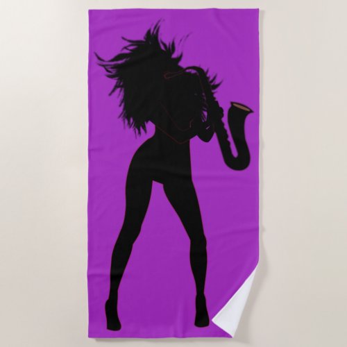 Purple Beach Towel with Saxophone Player Woman