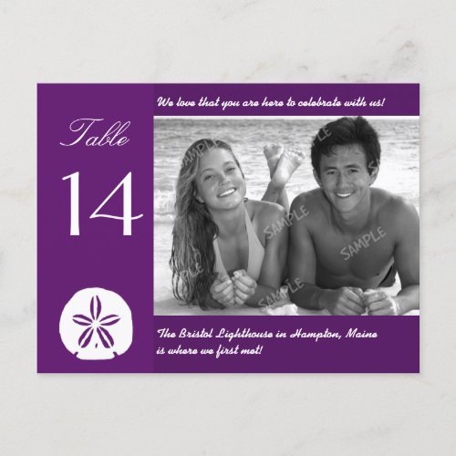Purple Beach Wedding Photo Table Number Cards