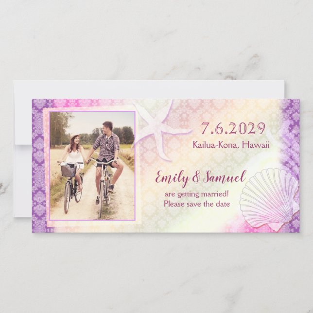 Purple Beach Wedding Save the Date Photo Card (Front)