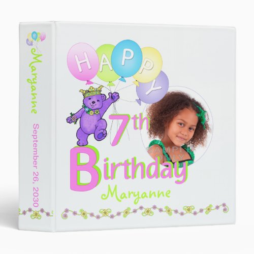 Purple Bear 7th Birthday Memories 15 Inch 3 Ring Binder