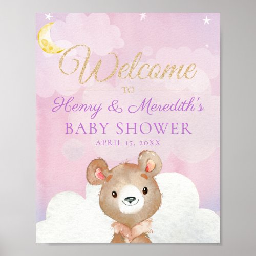 Purple Bear Girls Baby Shower Welcome Sign Poster