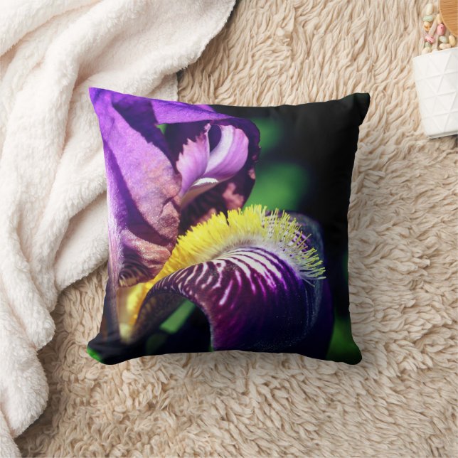Purple Bearded Iris Flower Petal Close Up  Throw Pillow (Blanket)