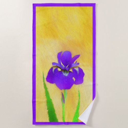 Purple Bearded Iris Painting _ Cute Original Dog A Beach Towel