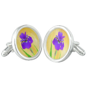 Purple Bearded Iris Painting - Cute Original Dog A Cufflinks