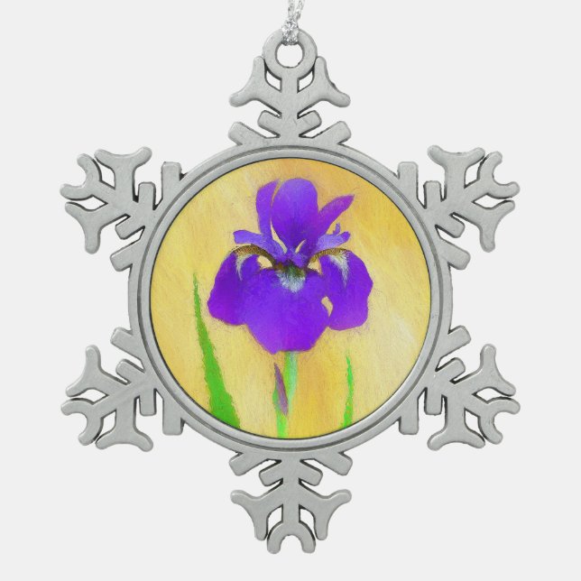 Purple Bearded Iris Painting - Cute Original Dog A Snowflake Pewter Christmas Ornament (Front)
