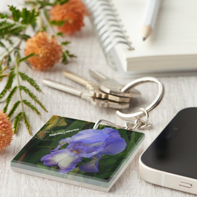 Purple Bearded Iris Photo Personalized Keychain (Front Right)