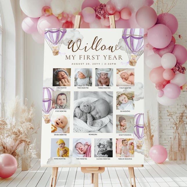 Purple Beary First Birthday Photo Timeline Poster (Creator Uploaded)