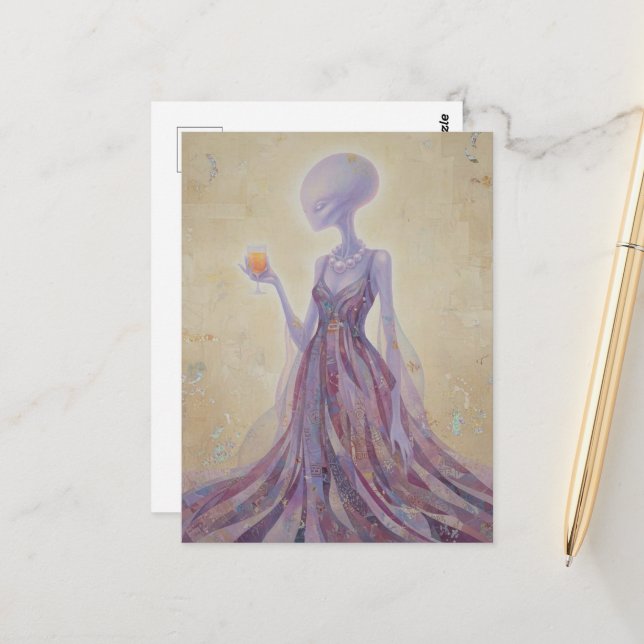 Purple Beautiful Alien Lady With Orange Juice Postcard (Front/Back In Situ)
