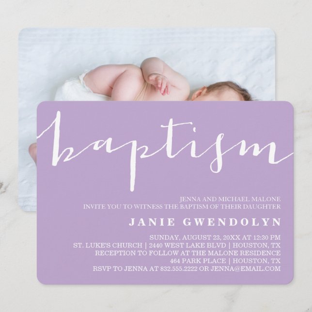 Purple Beautiful Calligraphy Baptism Invitation (Front/Back)
