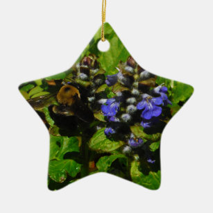 Purple Bee Balm and Bumble Bee Ceramic Ornament