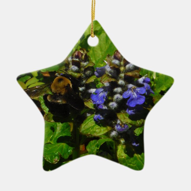 Purple Bee Balm and Bumble Bee Ceramic Ornament (Front)