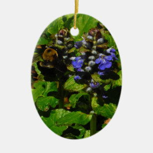 Purple Bee Balm and Bumble Bee Ceramic Ornament