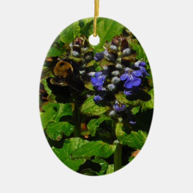 Purple Bee Balm and Bumble Bee Ceramic Ornament (Front)
