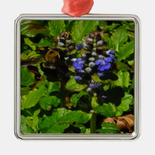 Purple Bee Balm and Bumble Bee Metal Ornament