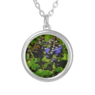Purple Bee Balm and Bumble Bee Silver Plated Necklace
