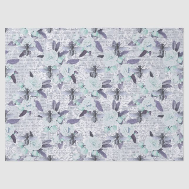 Purple Bees and Mint Green Floral Decoupage Tissue Paper (Front)