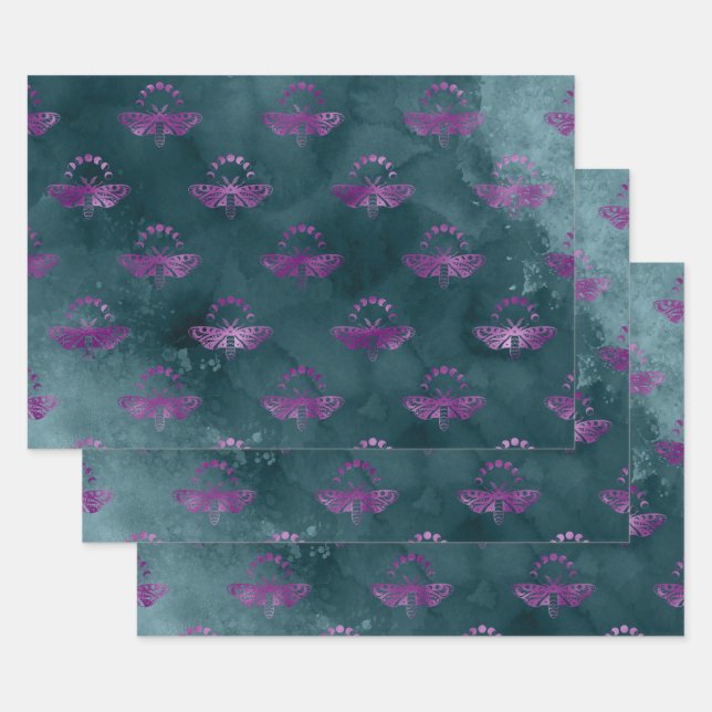 Purple Bees on Teal Wrapping Paper Sheets (Set)