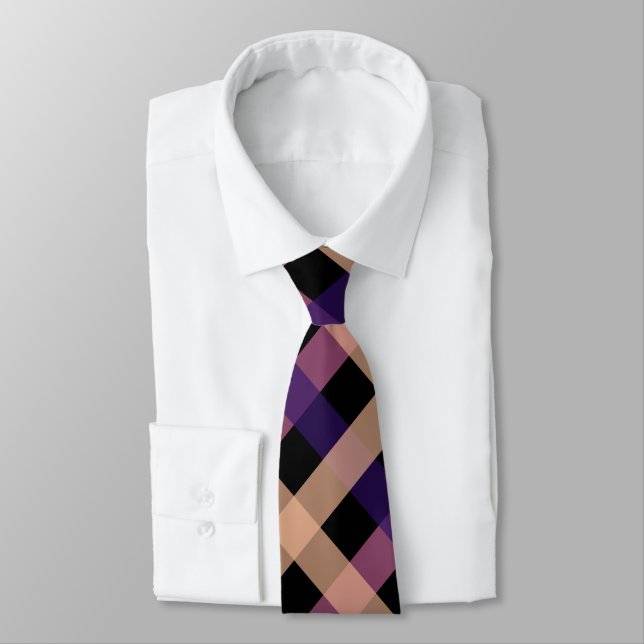 Purple, Beige, and Black Diagonal Gingham Pattern  Neck Tie (Tied)
