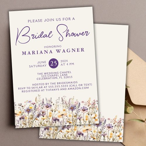 Purple Beige Wildflowers Bridal Shower Invitation