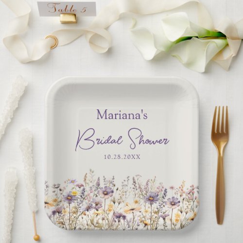 Purple Beige Wildflowers Floral Bridal Shower Paper Plates
