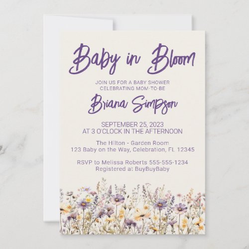 Purple Beige Wildflowers Neutral Baby Shower Invitation