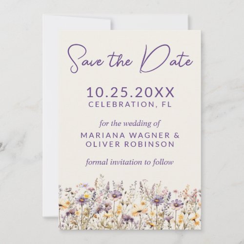 Purple Beige Wildflowers Save the Date Card