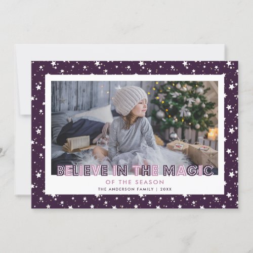 Purple Believe In the Magic Stars Photo Holiday Card