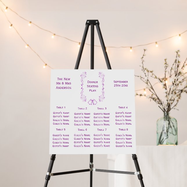 Purple Bells Scroll Design Wedding Seating Chart Foam Board (In Situ (Stand))