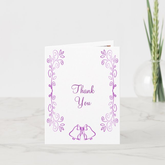 Purple Bells Scrollwork Design Wedding Letterpress Thank You Card (Front)