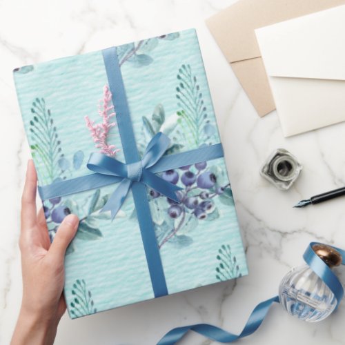 Purple Berries and Blue Feathers On Deep Turquoise Wrapping Paper