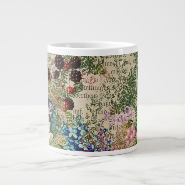 Purple Berries and Roses on Newsprint Ephemera Giant Coffee Mug (Front)