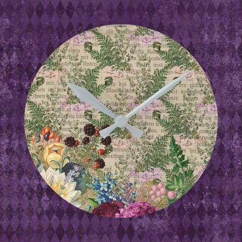 Purple Berries and Roses on Newsprint Ephemera Round Clock