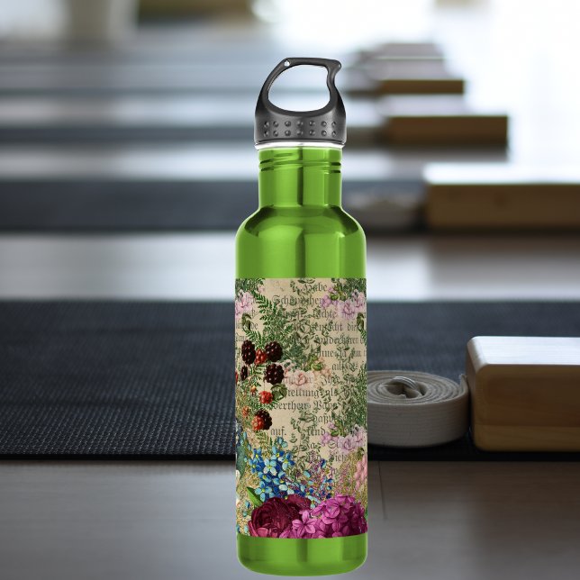 Purple Berries and Roses on Newsprint Ephemera Stainless Steel Water Bottle (Creator Uploaded)
