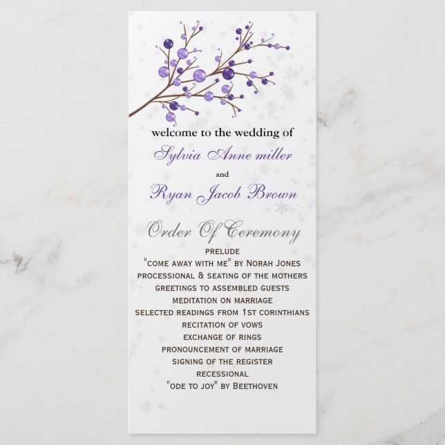 purple berries elegant winter Wedding program (Front)