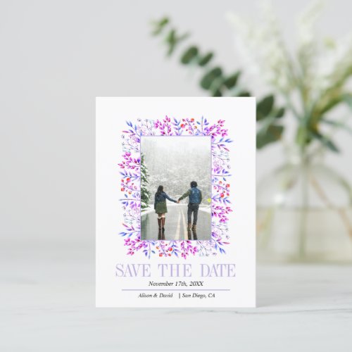 Purple berries leaves border Save the Date Announcement Postcard