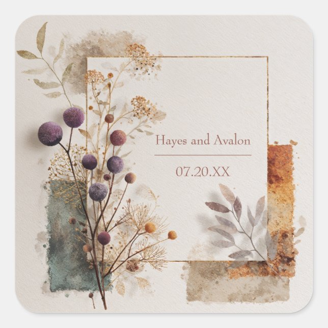 Purple Berry Botanical Gold Frame Modern Wedding Square Sticker (Front)