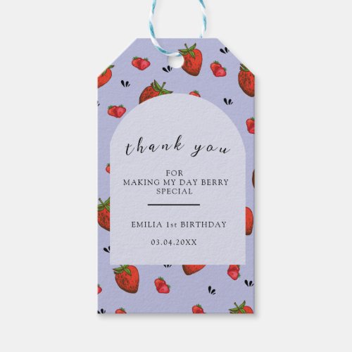 purple berry first birthday strawberry invitation gift tags