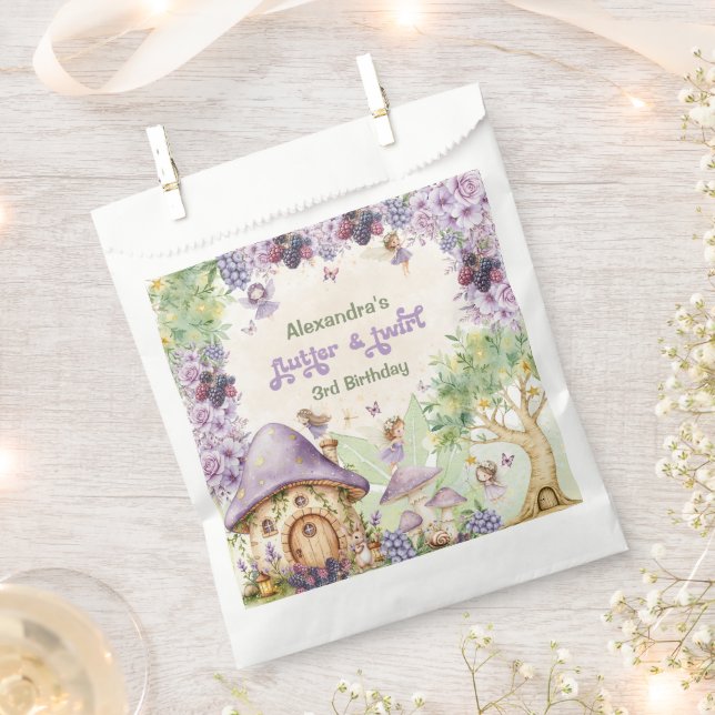 Purple Berry Flutter & Twirl Fairy 3rd Birthday Favor Bag (Clipped)