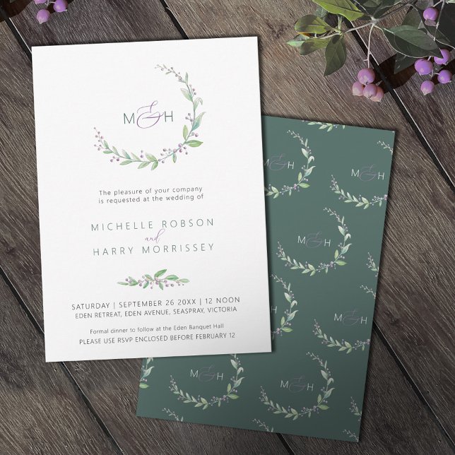 Purple berry green foliage monogram wedding invitation (Creator Uploaded)