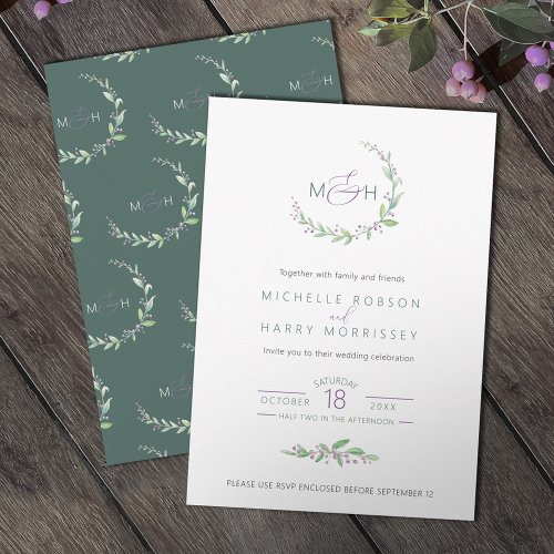 Purple berry green foliage monogram wedding invitation