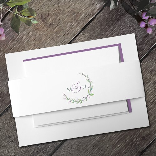 Purple berry green foliage monogram wedding invitation belly band