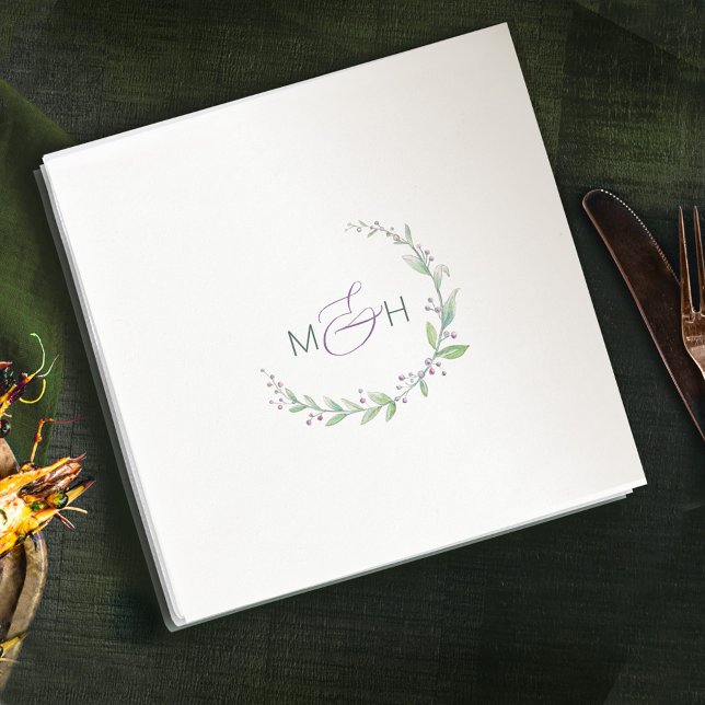 Purple berry green foliage monogram wedding napkins (Creator Uploaded)