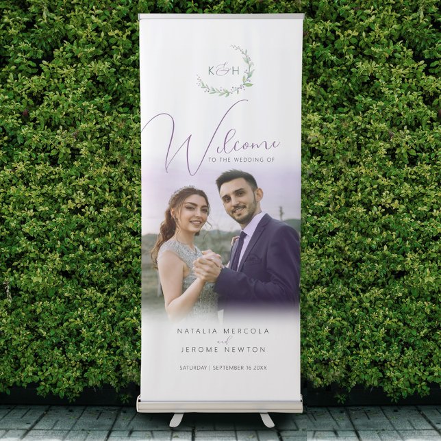 Purple berry green foliage monogram wedding photo retractable banner (Creator Uploaded)