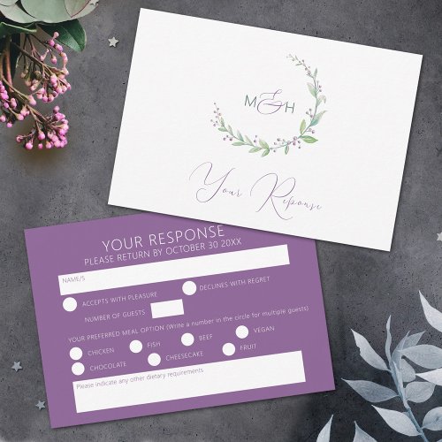 Purple berry green wedding watercolor RSVP card