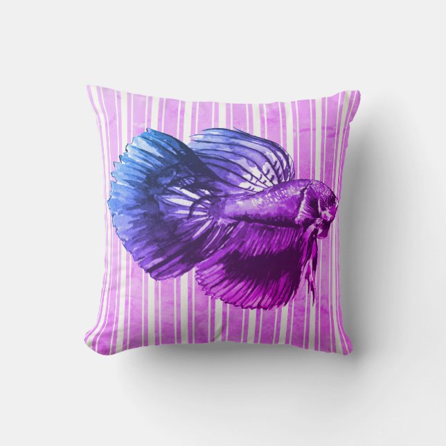 Purple Betta Fish with Stripes Throw Pillow (Front)