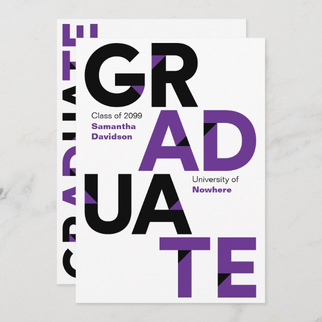 Purple Big Bold Angle-Cut Letters Graduation Invitation (Front/Back)