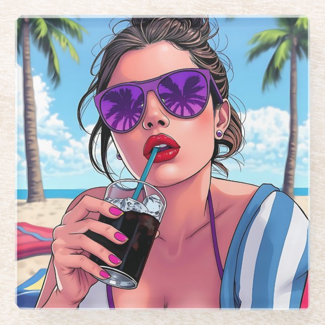 Purple Bikini, Sunglasses and Bandana Woman  Glass Coaster (Front)