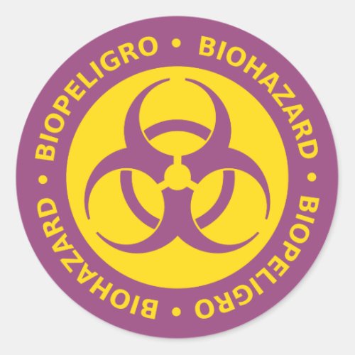 Purple Bilingual Biohazard Warning Classic Round Sticker