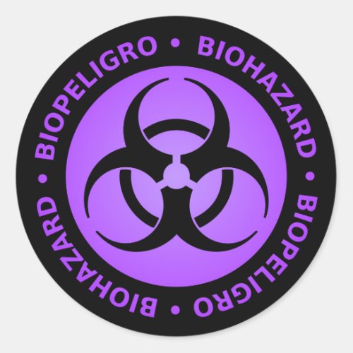 Purple Bilingual Biohazard Warning Classic Round Sticker